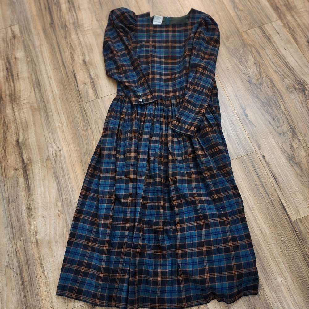 Vintage Laura Ashley Check Plaid Wool Blend Full Length Dress US 14 Fits Like 12